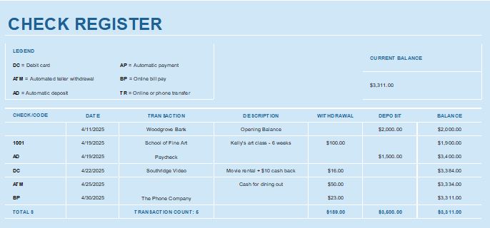 Check register ledger